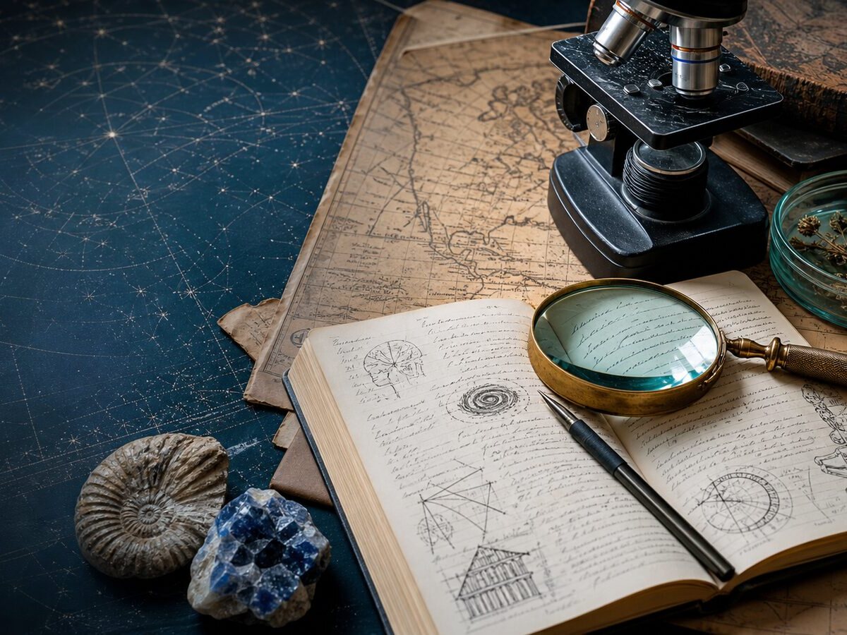 Research desk with notebook, magnifying glass, map, and microscope.